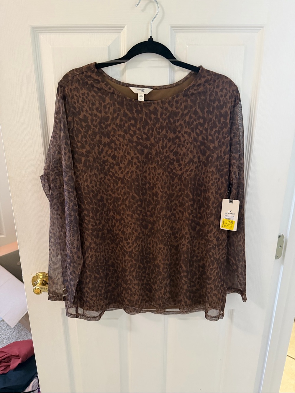Terra & Sky Brown Leopard Sheer Long Sleeve Blouse